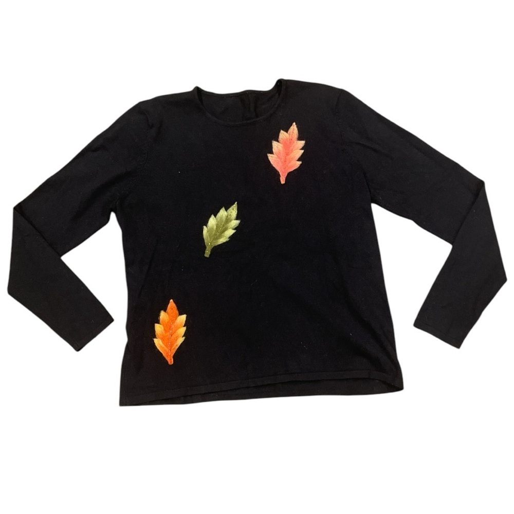 Black L crew neck autumn leaves appliqué long sleeve sweater
